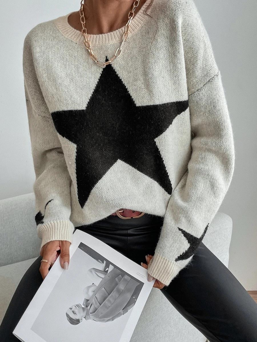 Streetwear Block Designer Star Graphic Knitted Crew Necks Sweater