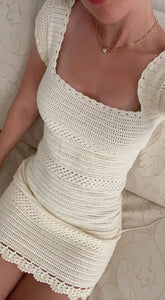 Bohemian Elegant Crochet Scallop Hem White Knitted Dress