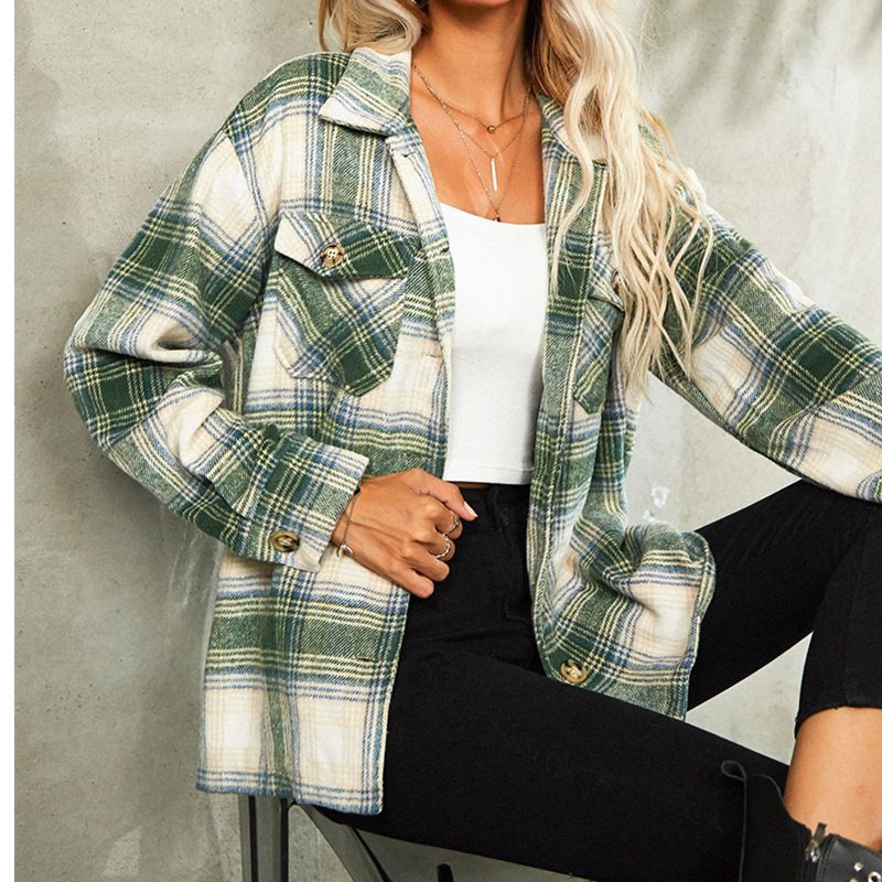 Classic Thick Colorblock Checked Button Down Shirt Jacket Woolen