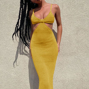 Sultry Rib Knit Side Cut Out Knotted Bandage Spaghetti Strap Sleeveless Maxi Bodycon Dress