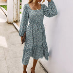 Stretchy Square Neck Garden Floral Print Swing Ruffle Midi Dress