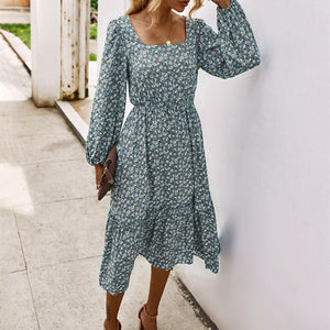Stretchy Square Neck Garden Floral Print Swing Ruffle Midi Dress