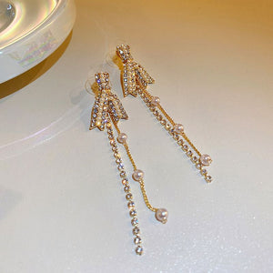 Gold and Rhinestone Stars Chandelier Tassel Pendant Earrings