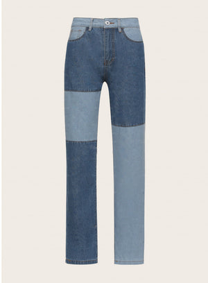 Patchwork Stitch Color Block Slim Fit Straight Leg Jeans Ripped Denim Pants