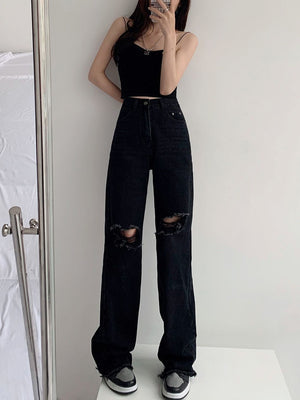 Washed Straight Slim Fit High Waist Ripped Wide Leg Denim Jeans