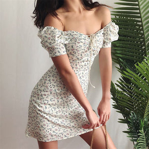 Ditsy Garden Floral Hibiscus Printed Shirred Tie Puff Sleeve Fitted Bodycon Dress