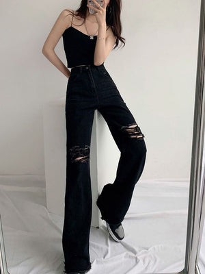 Washed Straight Slim Fit High Waist Ripped Wide Leg Denim Jeans