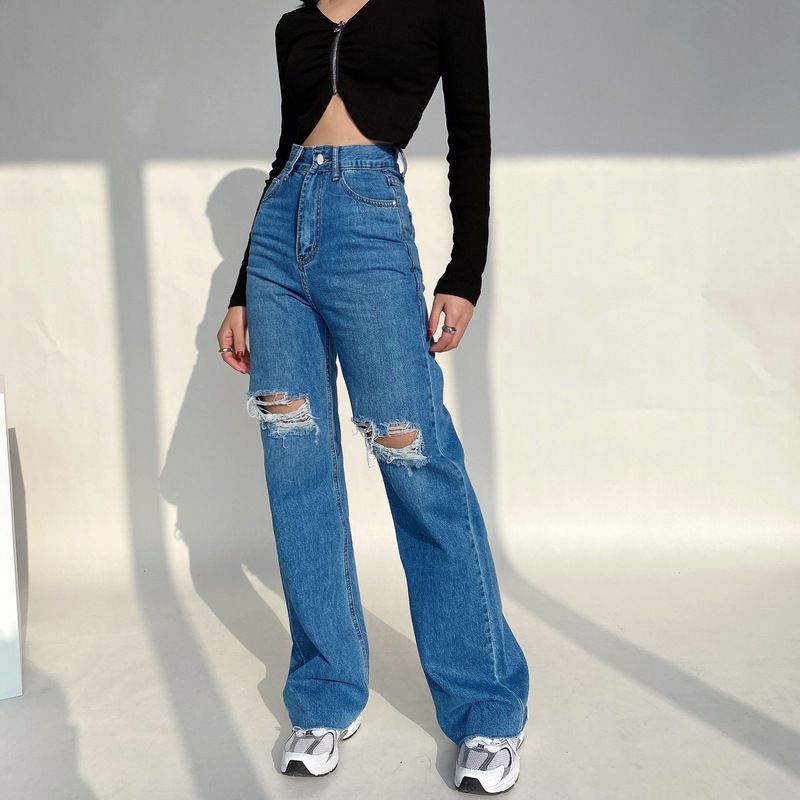 Washed Straight Slim Fit High Waist Ripped Wide Leg Denim Jeans