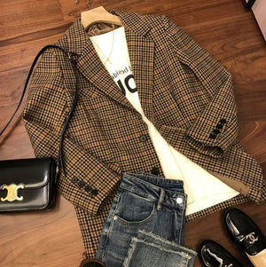 Designer One Button Tartan Plaid Womens Checked Blazer Jacket