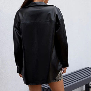 Black Faux Leather Shirt Jacket With Snap Pockets