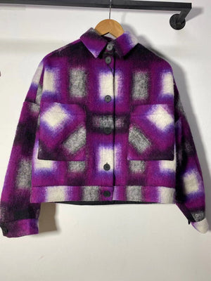Multicolor Oversized Front Pockets Wool Plaid Flannel Over Shirt Shacket Jacket