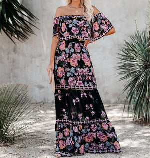 Botanical Hibiscus Peony Floral Flowy Top Off The Shoulder Maxi Dress