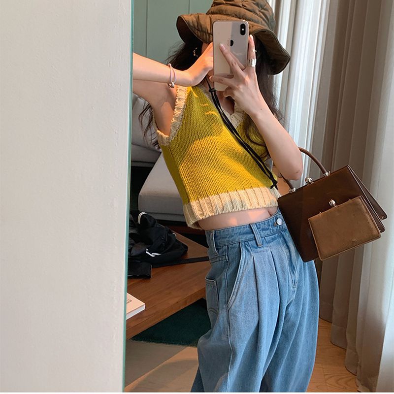 Color Block Ribbed Trimmed Check Knit Vest Cropped Sleeveless Tank Jumper