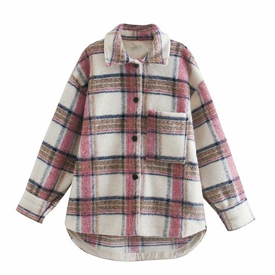 Checked Collared Overshirt Patch Pocket Wool Blend Tweed Jacket