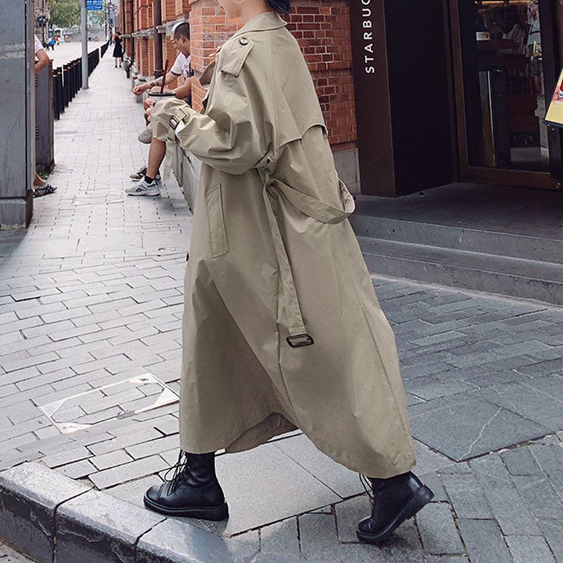 Classic Large Collar Belted Twill Long Trench Coat Calf Length Overcoat