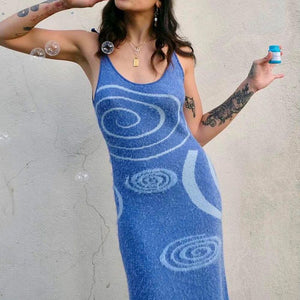 Soft Fluffy Circle Print Textured Knit Cut Out Back Knitted Long Dress