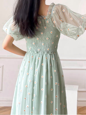 Aesthetic Floral Crinkle Shirred Poplin Puff Sleeve Embroidered Mesh Overlay Dress