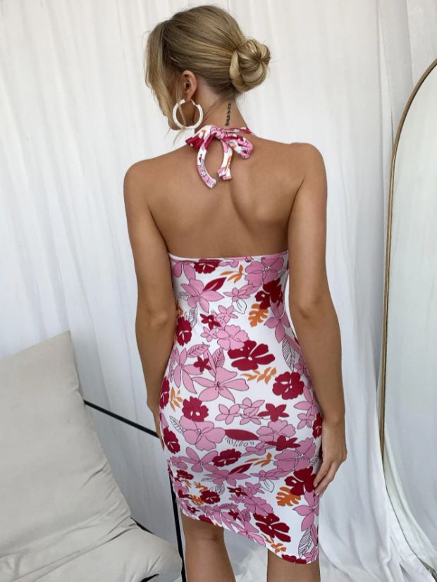 Hibiscus Garden Peony Flowers Hawaiian Floral Print V Halter Neck Bodycon Dress