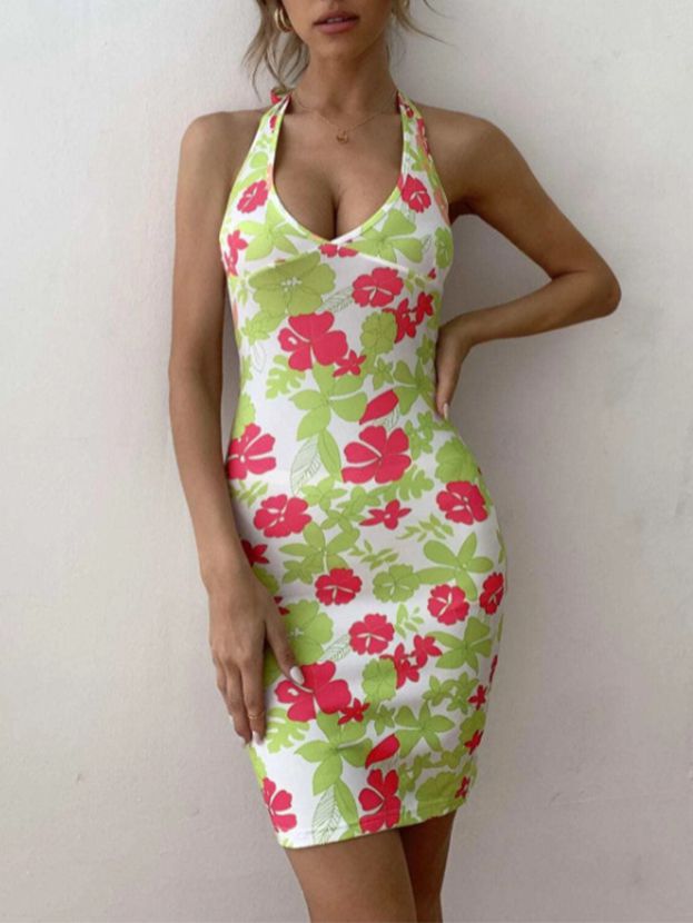 Hibiscus Garden Peony Flowers Hawaiian Floral Print V Halter Neck Bodycon Dress