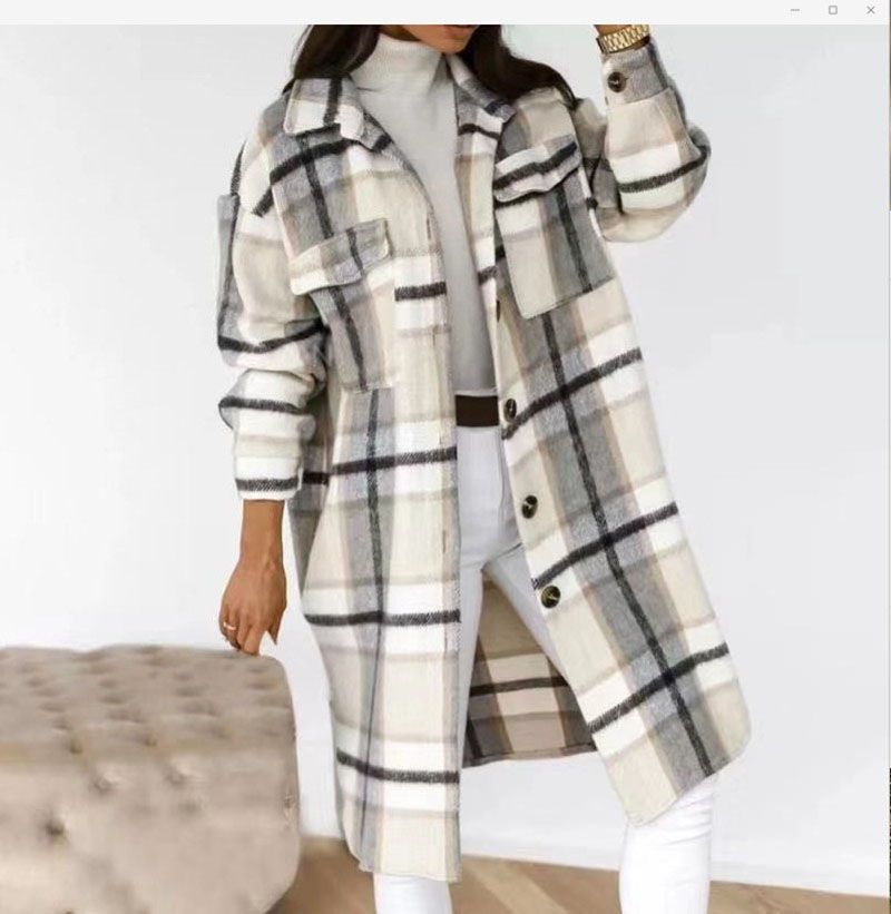 Wool Blend Longline Plaid Shacket Long Checked Overcoat