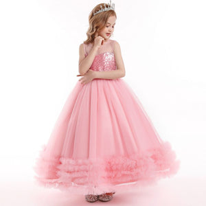 Children Pink Mesh Sequin Girls Cascade Ruffle Formal Prom Princess Ball Dresses