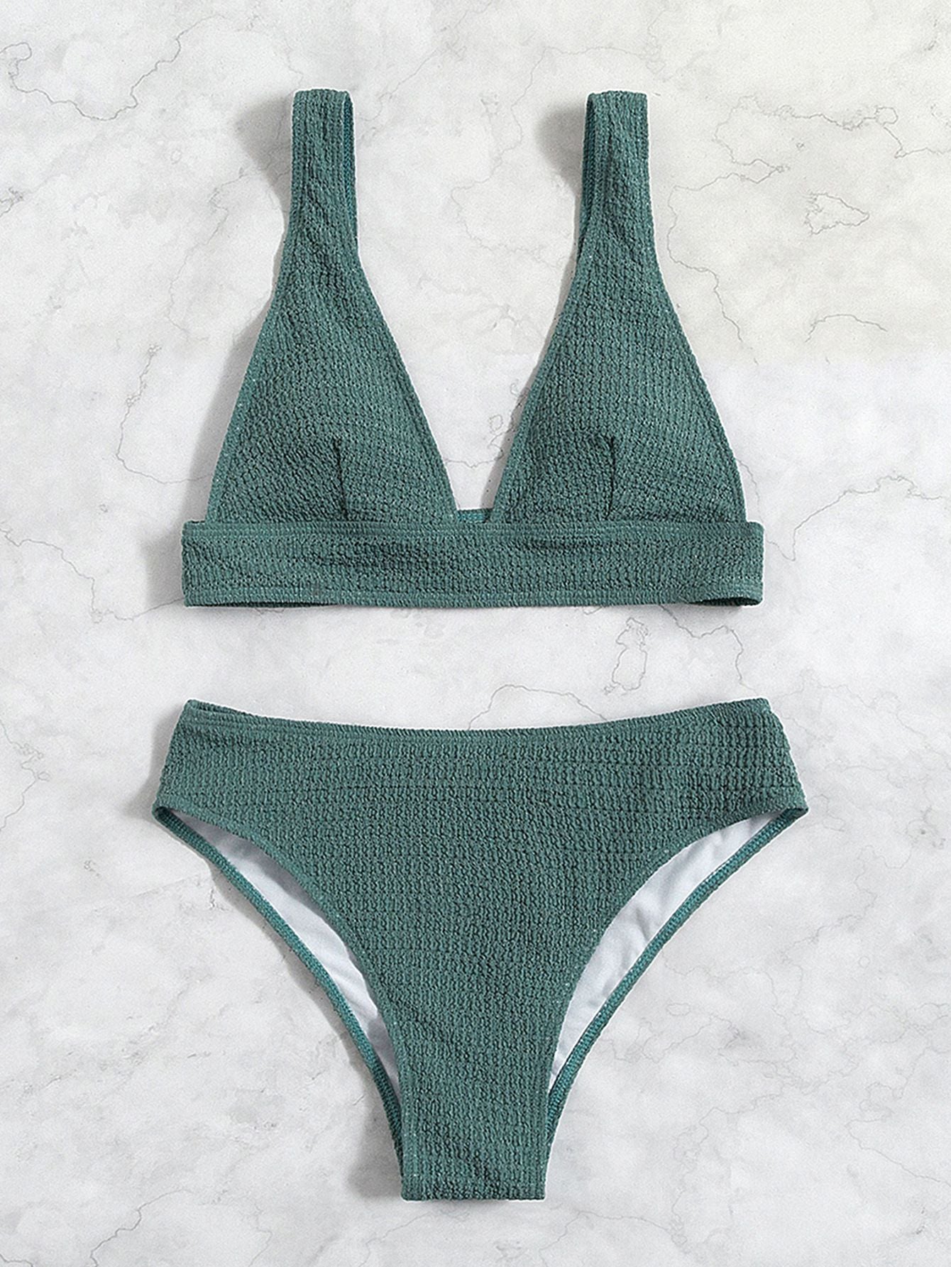 Stretchy Textured V Neck Triangle Bikini Vacation Swimsuit With Padding