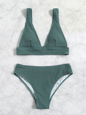 Stretchy Textured V Neck Triangle Bikini Vacation Swimsuit With Padding
