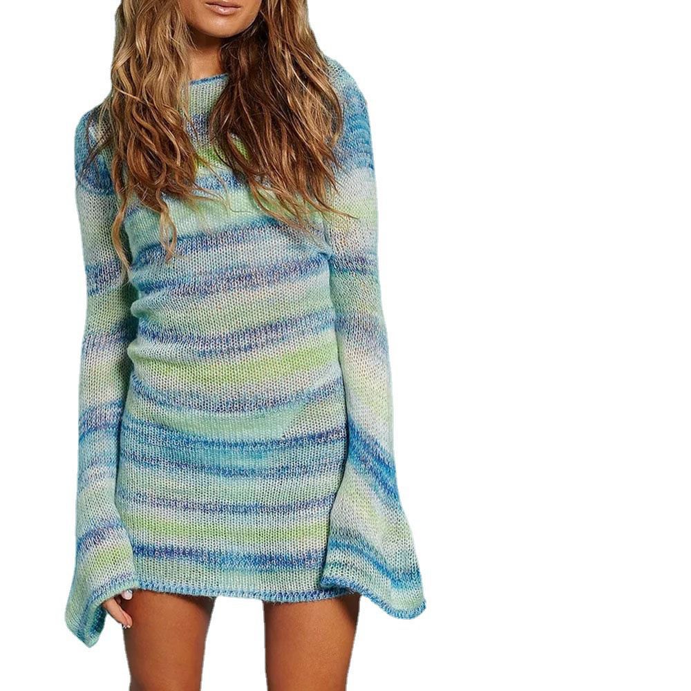 Ombre Fading Block Stripes Flare Long Sleeve Knitted Dress
