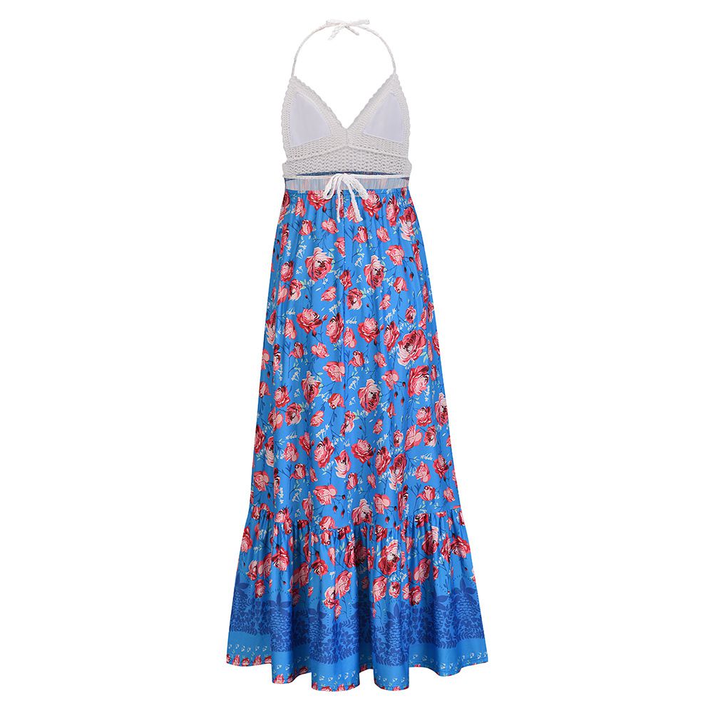 Hawaiian Boho Crochet Halter Tassel Floral Maxi Beach Flare Hem Dress