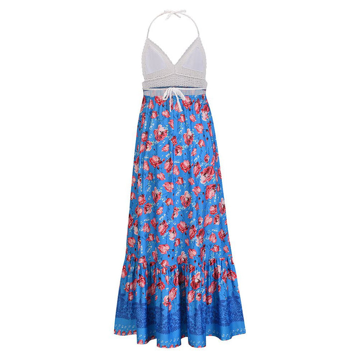 Hawaiian Boho Crochet Halter Tassel Floral Maxi Beach Flare Hem Dress