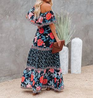 Botanical Hibiscus Peony Floral Flowy Top Off The Shoulder Maxi Dress