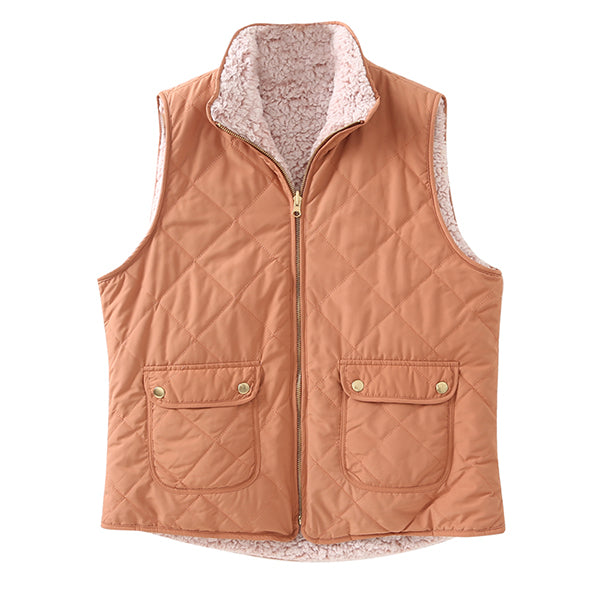 Reversible Cotton Faux Fur Lined Sherpa Shearling Vest With Pockets