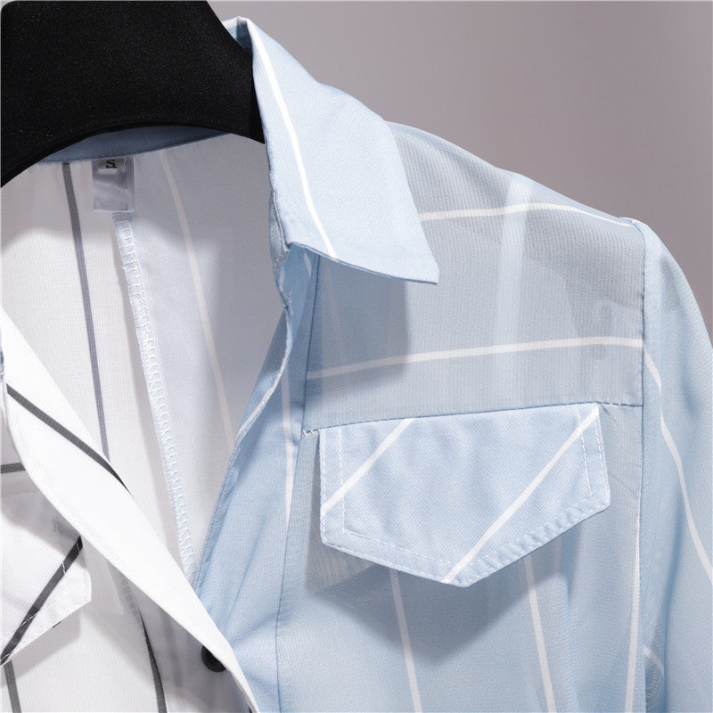 Two Piece Slimming Stripe Color Block Midi Shirt Dress