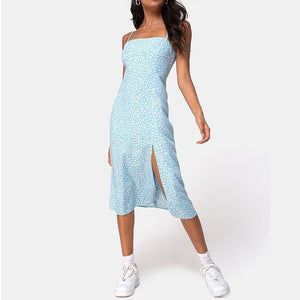 Hawaiian Ditsy Hibiscus Print Flowery Girl Midi Floral Garden Dress Side Slit