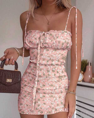 Slim Fit Tie Shoulder Shirred Ruffle Mini Dress