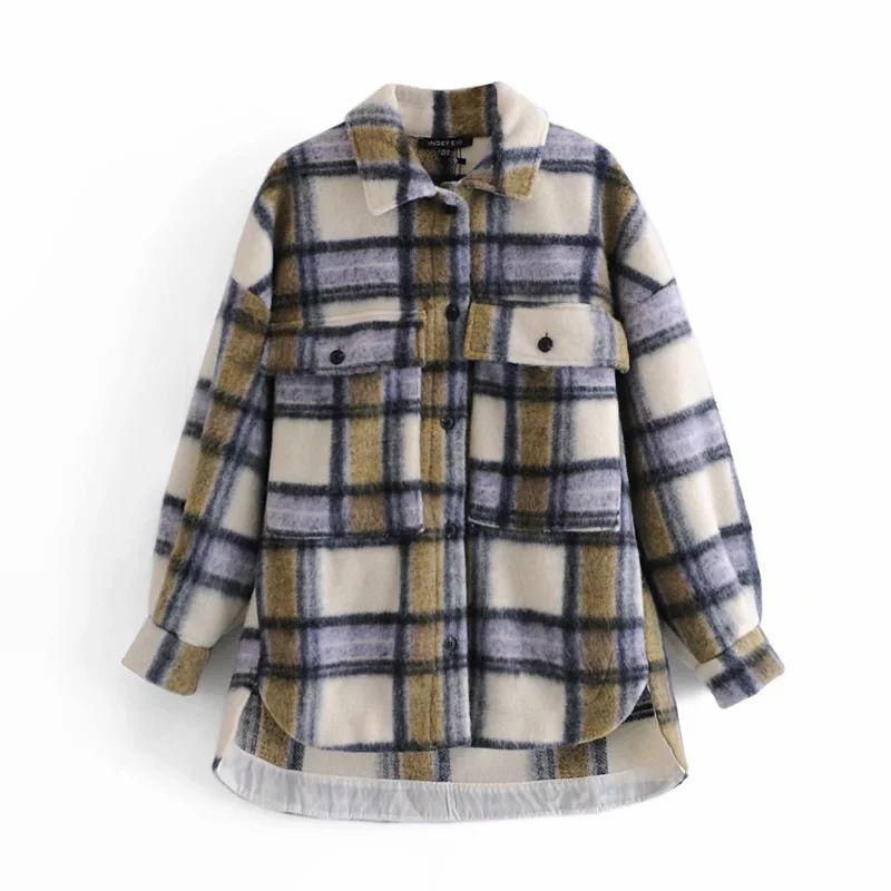 Checked Collared Overshirt Patch Pocket Wool Blend Tweed Jacket