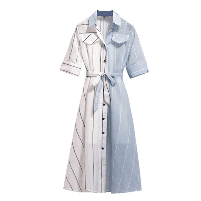 Two Piece Slimming Stripe Color Block Midi Shirt Dress