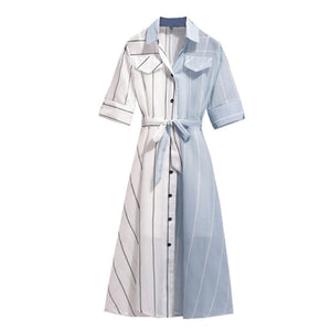 Two Piece Slimming Stripe Color Block Midi Shirt Dress