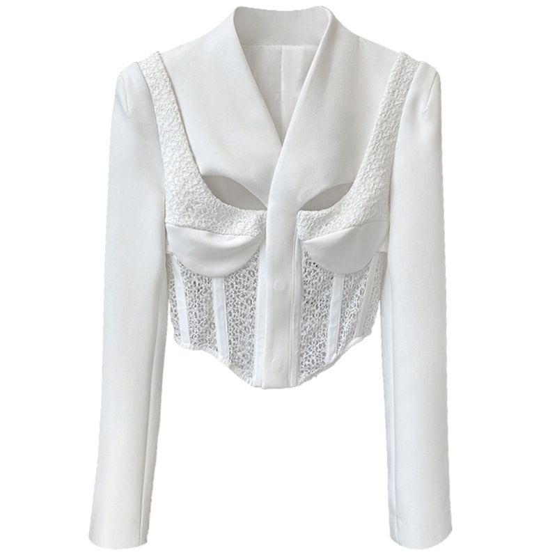 Slim Fit Tailored Blocked Mesh Lace Cropped Corset jacket
