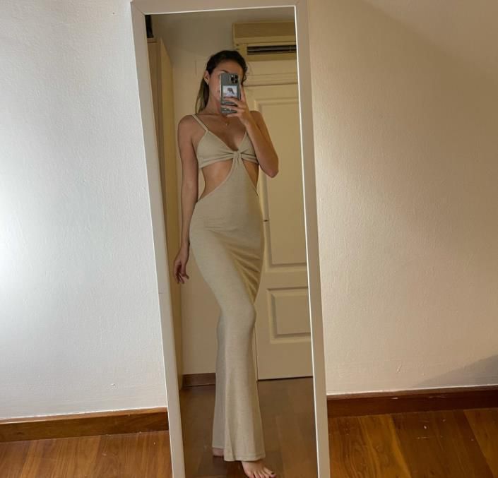 Sultry Rib Knit Side Cut Out Knotted Bandage Spaghetti Strap Sleeveless Maxi Bodycon Dress