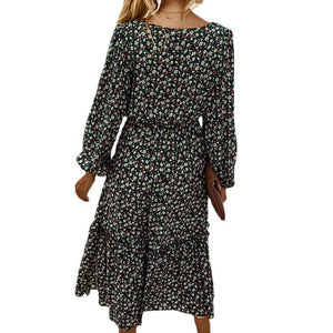 Stretchy Square Neck Garden Floral Print Swing Ruffle Midi Dress
