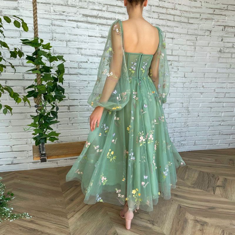 Retro Floral Flower Embroidered Maxi Prom Tulle Formal Gown Dress