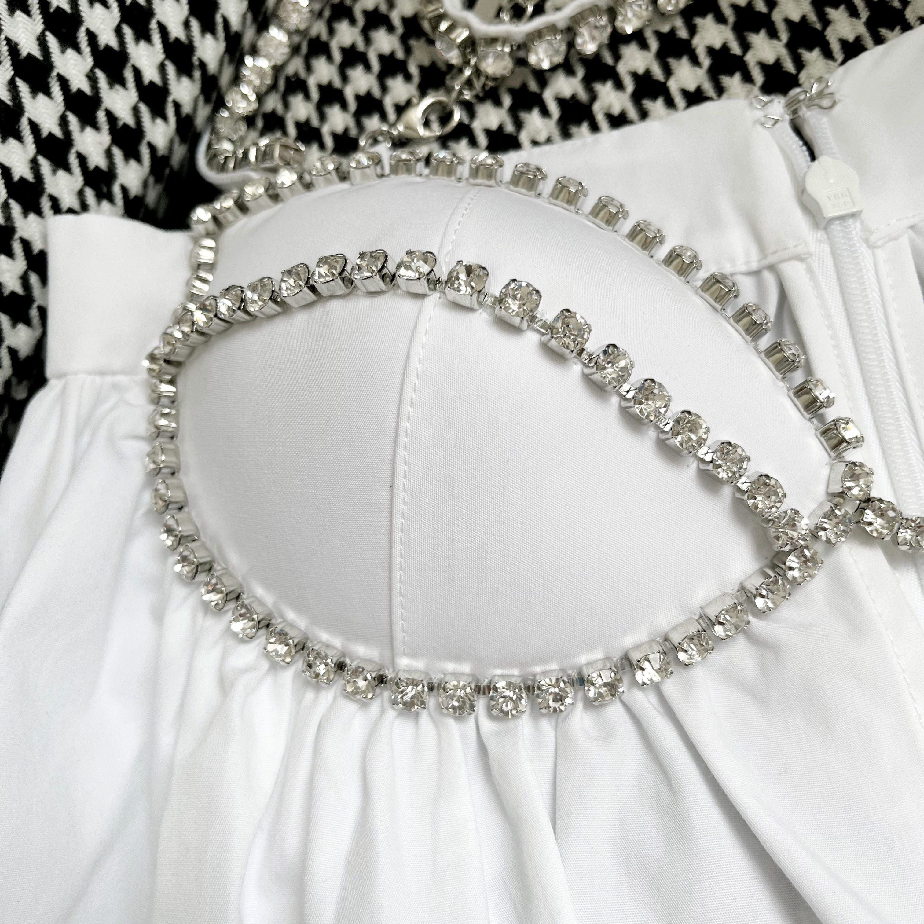 Embellished Crystal Trim Cotton Scallop Hem Bustier Poplin Mini Dress