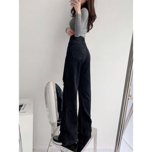 Washed Straight Slim Fit High Waist Ripped Wide Leg Denim Jeans