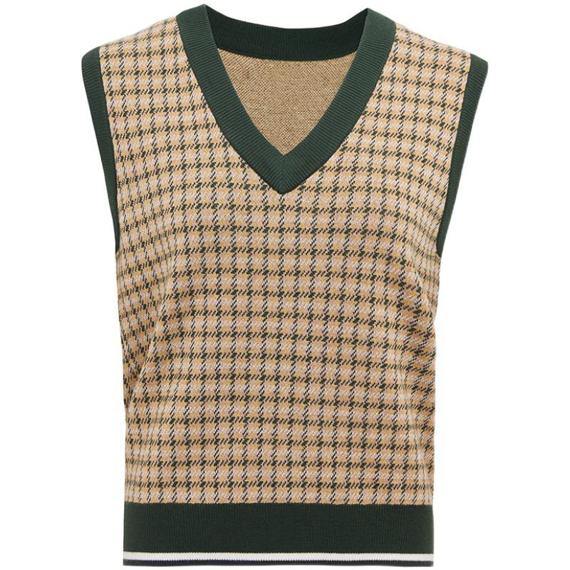 Color Block Oversized Dogtooth Sleeveless Knit Vest Jumper