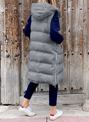 Longline Padded Puffer Gilet With Hood Body Warmer
