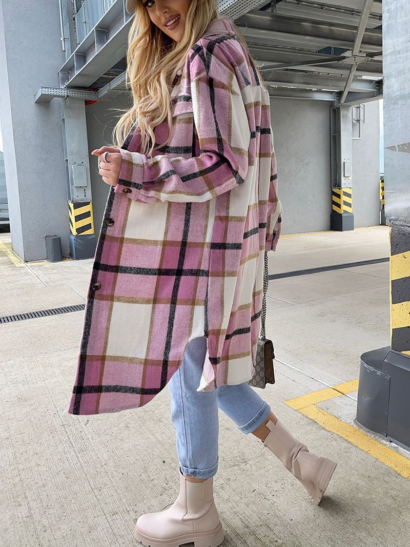 Wool Blend Longline Plaid Shacket Long Checked Overcoat