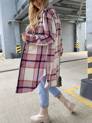 Wool Blend Longline Plaid Shacket Long Checked Overcoat