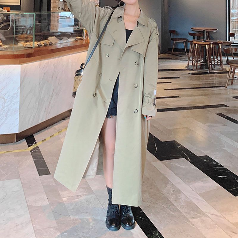 Classic Large Collar Belted Twill Long Trench Coat Calf Length Overcoat