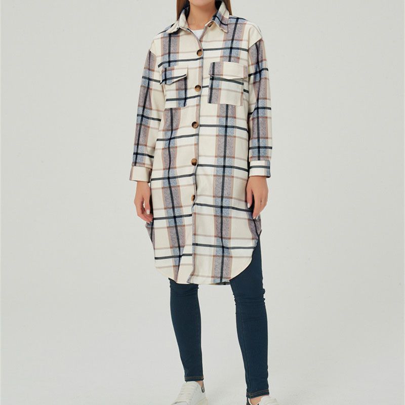 Wool Blend Longline Plaid Shacket Long Checked Overcoat
